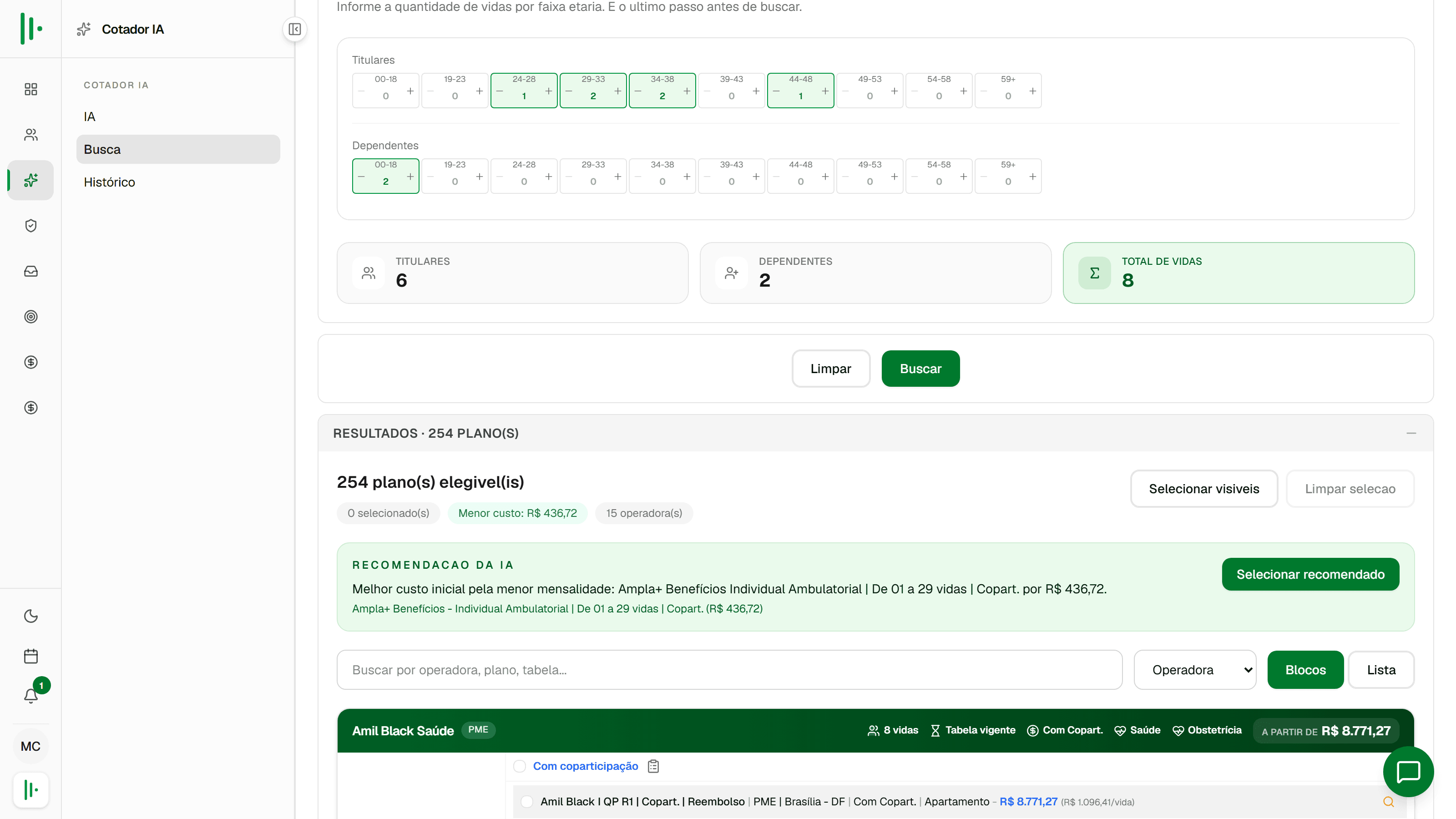 Resultados do cotador multioperadora do PipeCor com Amil, Hapvida e outras operadoras